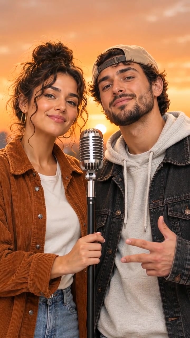 The duo performing on a rooftop at sunset