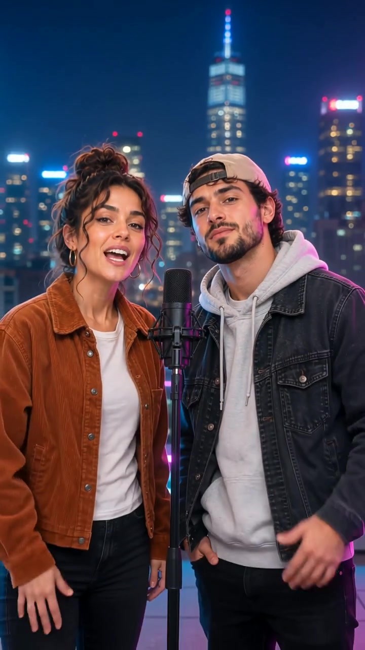 The duo in a blue and magenta neon rooftop scene